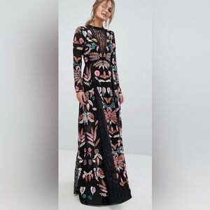 Frock and Frill Elegant Black Multicolor Embroidered Long Sleeve Dress